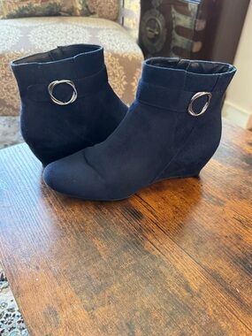 Women's Navy Suede Ankle Booties with Decorative Buckle